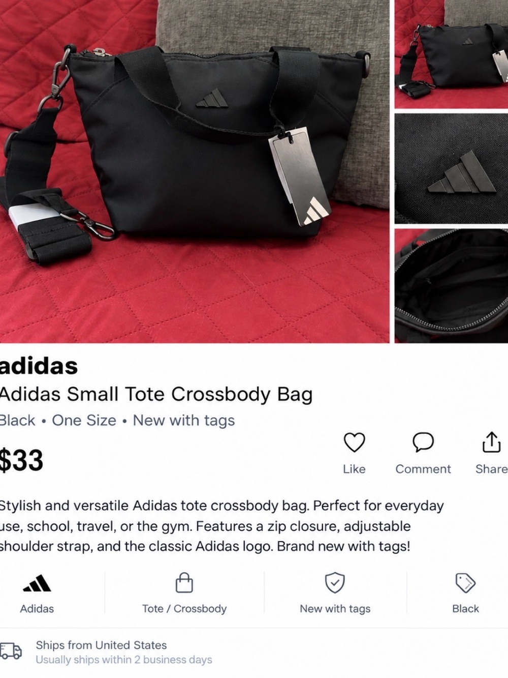 adidas Black Small Tote Messenger Crossbody Bag